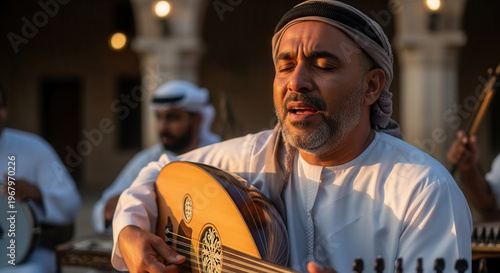Man performing Arabic musical performance while singing outdoors at sunset  
