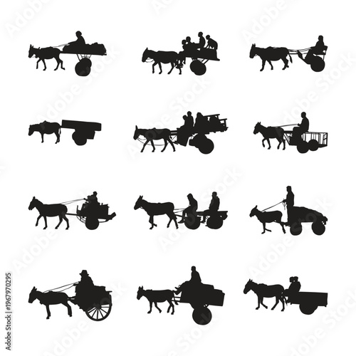 Collection of Traditional Rural Transport Silhouettes Featuring Horses and Carts