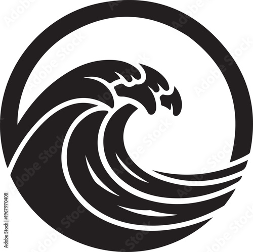 Black wave, ocean wave, circular wave icon, monochrome wave symbol