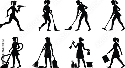 Silhouette collection of professional cleaning women performing housekeeping tasks with tools isolated vector illustration for service industry and domestic work