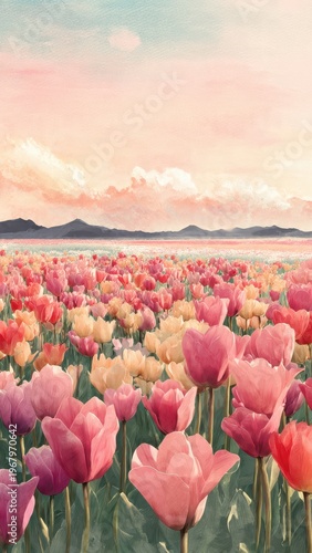 Vast Field Of Pink And Yellow Tulips Under A Soft Cloudy Sky At Dawn