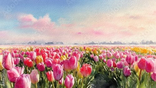 Vast Field Of Pink Yellow Red Tulips Under Soft Pastel Sky Landscape