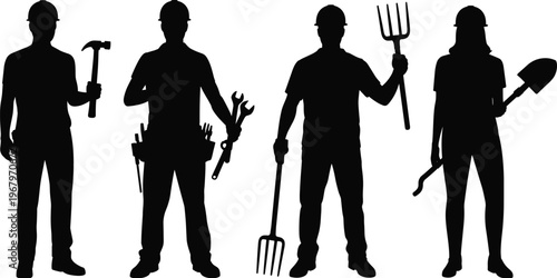 Silhouette set of construction and gardening workers holding tools representing manual labor workforce isolated vector illustration for industry concept