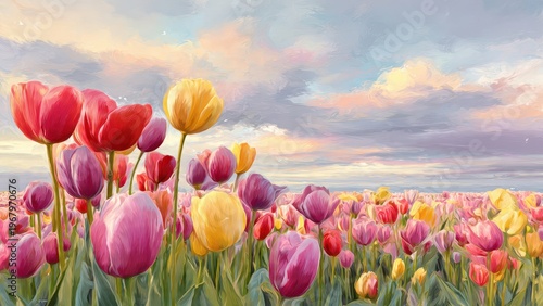 Vibrant Field Of Tulips Under A Dramatic Sunset Sky With Cotton Candy Clouds