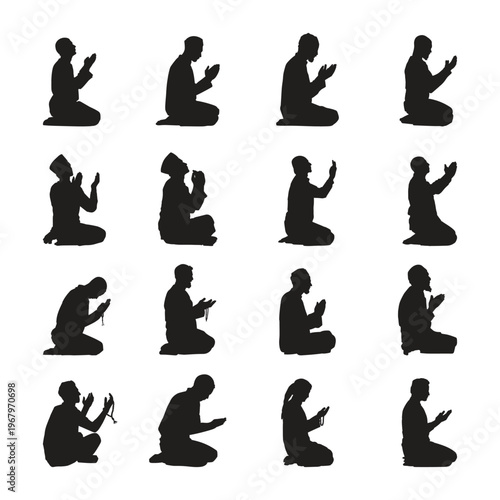 Collection of Muslim People Silhouettes Engaged in Islamic Prayer Rituals and Devotion