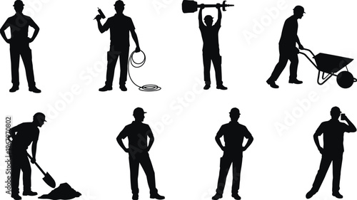 Silhouette set of construction workers with tools performing labor tasks representing building industry workforce isolated vector illustration collection concept