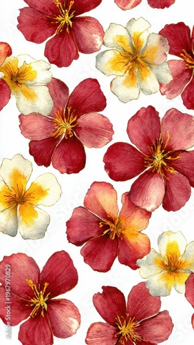 Watercolor Floral Pattern Deep Red and Yellow Flowers Scattered White Background