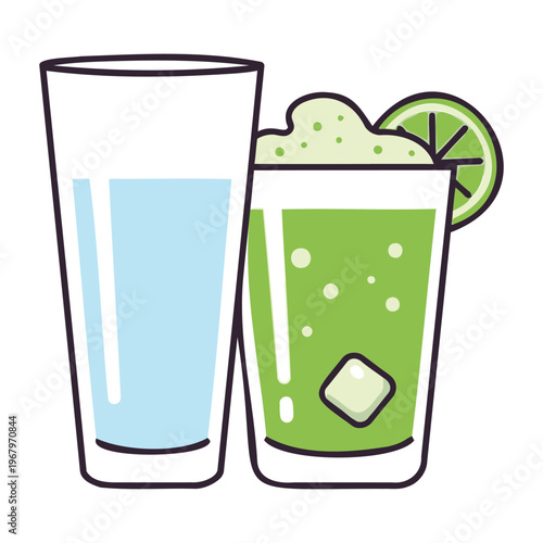 Two glasses of colorful drinks with ice and lime on white background