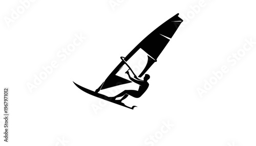 Windsurfer Silhouette Vector – Athletic Male Sailboard Action Black and White Illustration