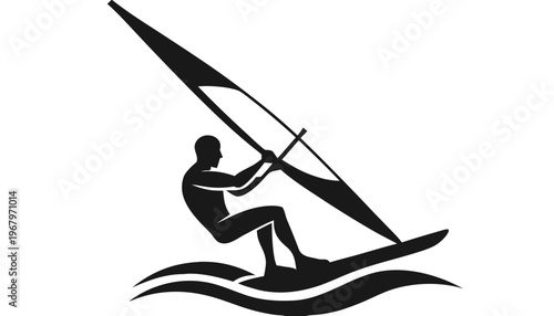 Windsurfer Silhouette Vector – Athletic Male Sailboard Action Black and White Illustration