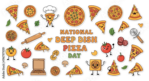 Illustration of various deep dish pizza elements celebrating National Deep Dish Pizza Day with a colorful and lively design.