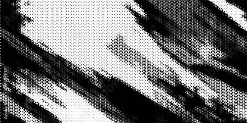 Fading triangle halftone texture gradient pattern. Abstract diagonal geometric background. Tech mosaic triangular halfton gradation. Vector vanishing corner arrow wallpaper for banner, booklet, poster