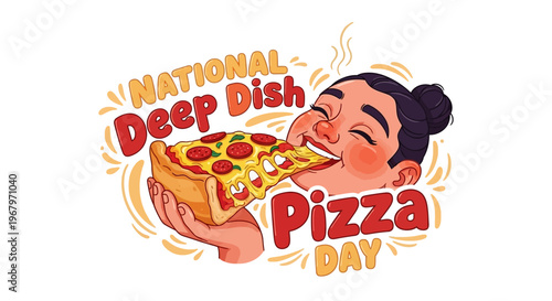 Illustration of a woman enjoying a cheesy deep dish pizza slice on National Deep Dish Pizza Day with a joyful expression.