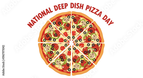 Vector illustration of a cheesy deep dish pizza on National Deep Dish Pizza Day with a clean white background.