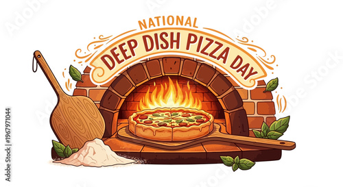 Illustration of a deep dish pizza being cooked in a brick oven on National Deep Dish Pizza Day with a pizza peel and ingredients.