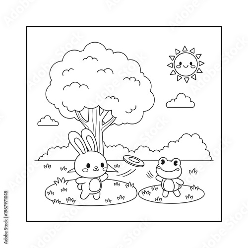 Cute kawaii rabbit and frog playing frisbee in the park, black and white outline vector illustration for kids coloring book
