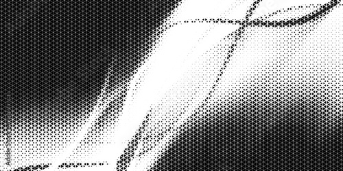 Fading triangle halftone texture gradient pattern. Abstract diagonal geometric background. Tech mosaic triangular halfton gradation. Vector vanishing corner arrow wallpaper for banner, booklet, poster
