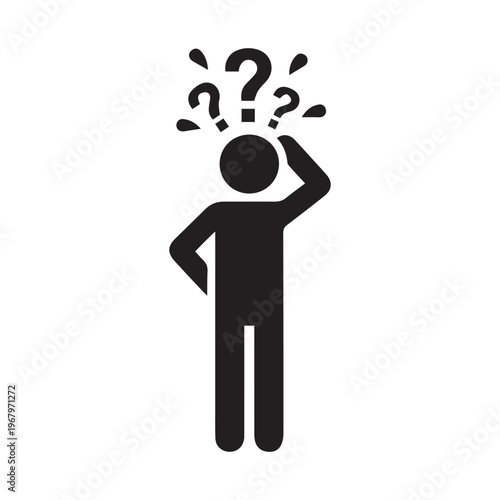 Confused Stick Figure Icon, Person Scratching Head with Question Marks Symbol of Doubt and Forgetfulness.

