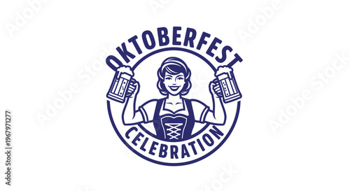 Oktoberfest Celebration Logo Featuring Woman Holding Beer Mugs.