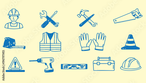 Construction tool icons set featuring hammer drill saw and safety equipment in blue lines.
