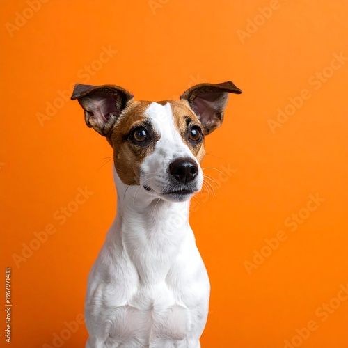 A Jack Russell Terrier with brown and white markings, looking off to the side, set against an orange background