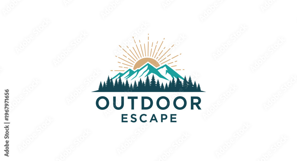 Obraz premium Outdoor Escape Logo - Majestic Mountains, Sun, and Forest Illustration.