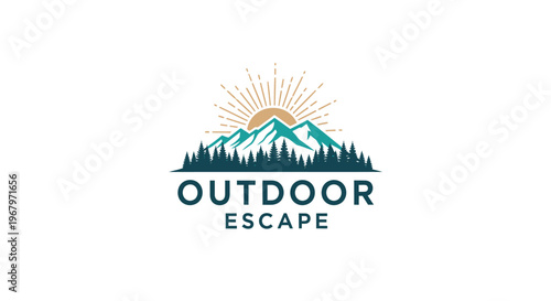 Outdoor Escape Logo - Majestic Mountains, Sun, and Forest Illustration.