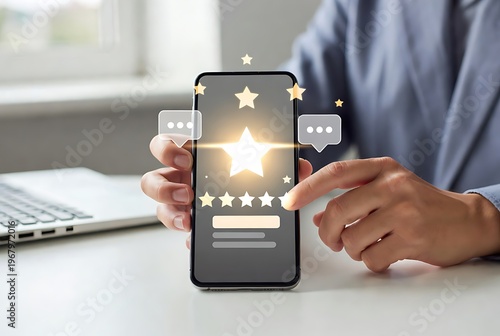 Person using smartphone for customer satisfaction survey with star rating and feedback form interface