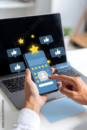 Customer gives five stars rating and feedback on smartphone screen with online review interface