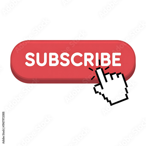 A vibrant red subscribe button with a white hand cursor clicking it on transparent background
