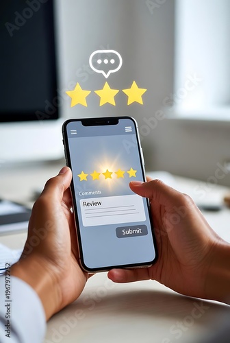 Woman hands holding smartphone and giving five star rating review with a speech bubble