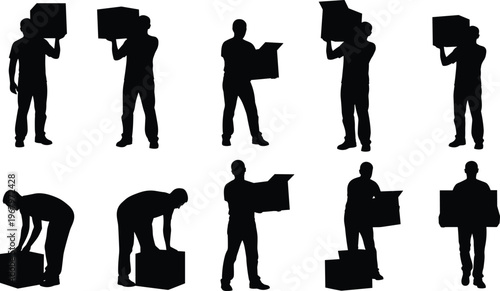 Set of worker silhouettes lifting and carrying boxes in various poses, manual labor and moving service concept isolated on white background for logistics use