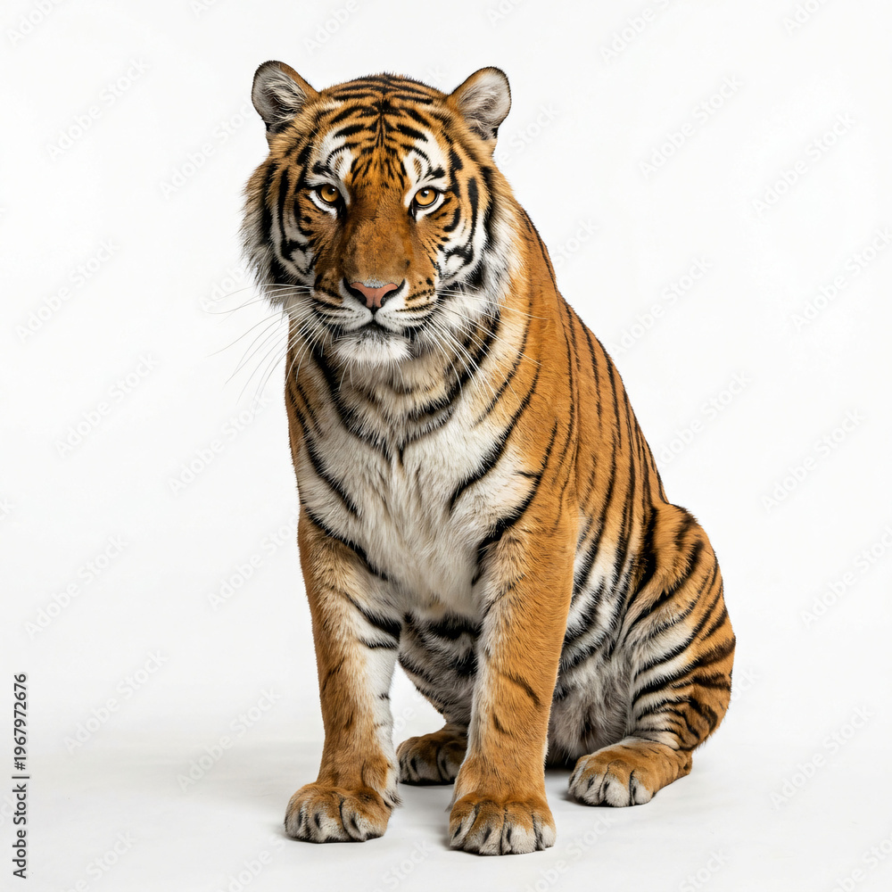 Obraz premium A tiger sitting on a white background looking forward with alert eyes and fur standing out