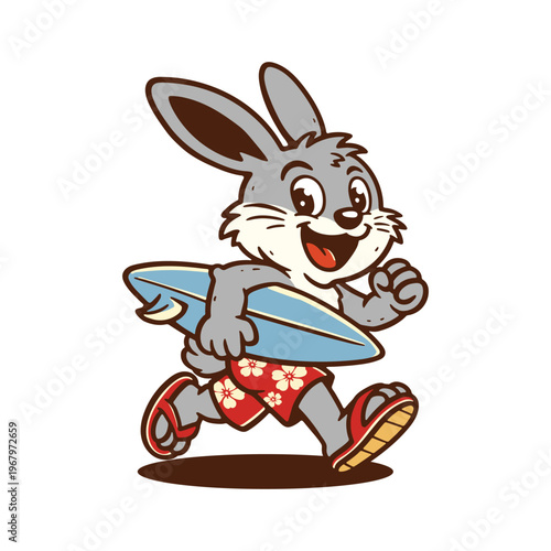 Canvas Print Cute cartoon rabbit surfing with a surfboard on a sunny day