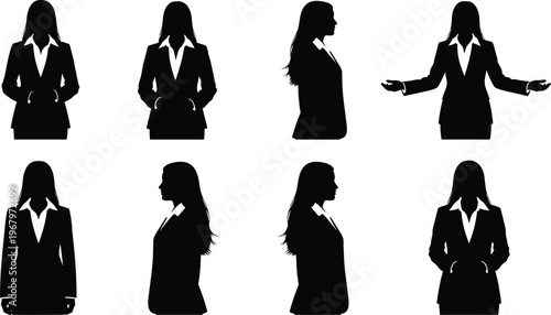 Set of businesswoman silhouettes in formal suit with various poses, professional female corporate character collection isolated on white background for office and leadership concept