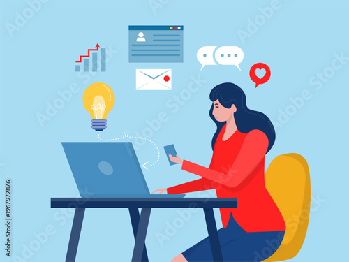 Woman working from home with computer laptop as self employed, pay by project, young adult freelancer work with computer laptop at home. vector