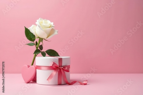 Elegant white rose Valentine's gift box Pastel pink background , pastel, greeting