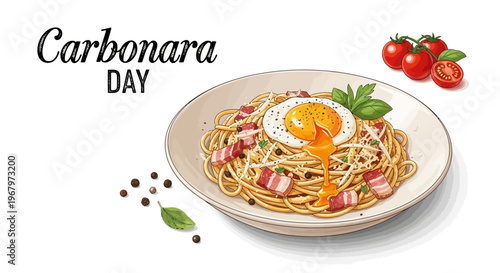 Illustration of a plate of spaghetti carbonara dish with bacon, egg, and tomatoes for National Carbonara Day or Italian cuisine concept.