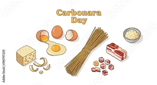Flat lay illustration of ingredients for traditional Italian spaghetti carbonara dish on white background, celebrating Carbonara Day with eggs, cheese, bacon, and spaghetti.