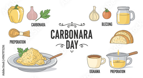 Illustration celebrating Carbonara Day with a plate of spaghetti carbonara and ingredients in a flat lay composition with a clean white background.