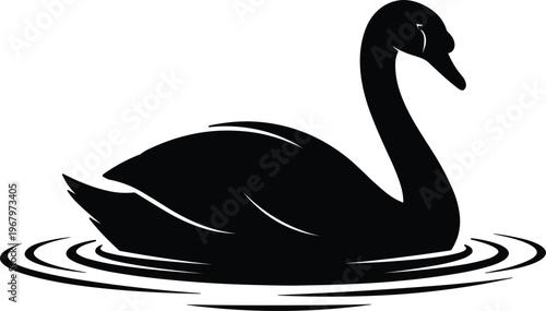Elegant swan silhouette illustration, black and white vector, graceful water bird design, lake wildlife artwork, minimal stylized aquatic animal