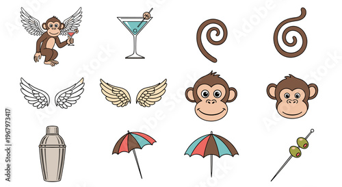 Cute cartoon monkey with wings holding a cocktail and other party elements