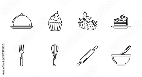 Collection of simple line art icons representing baking and food preparation elements