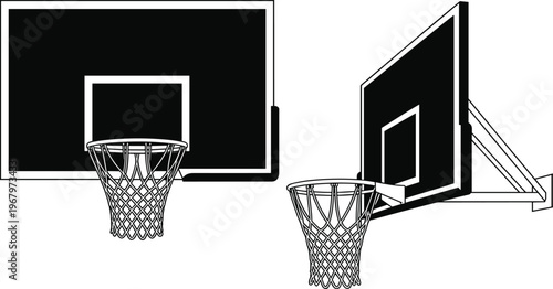 Basketball hoop and backboard side and front views, vector illustration of sports equipment net goal isolated clean design