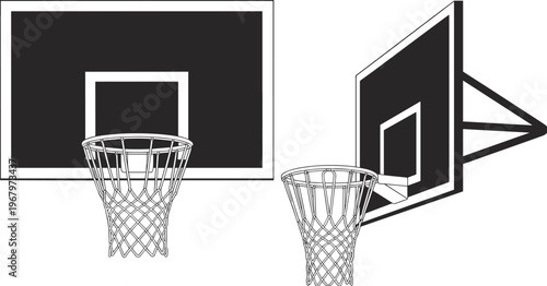 Basketball hoop and backboard front and perspective views, vector illustration of sports equipment net goal isolated minimal design