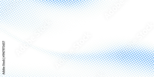 Abstract blue halftone dot pattern forming smooth wave shapes on a clean white background.