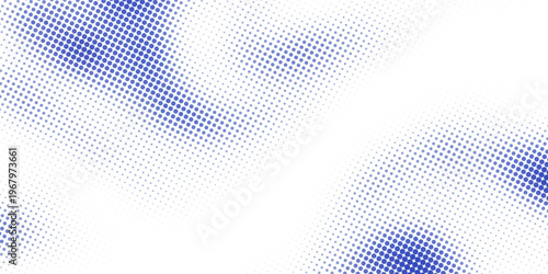 Abstract blue halftone dot pattern forming smooth wave shapes on a clean white background.