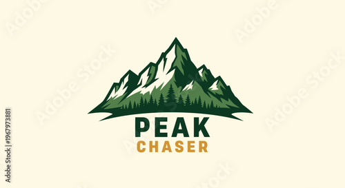 Peak Chaser logo featuring a majestic mountain range with lush green trees and snow-capped peaks.