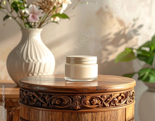 A jar of cream sits on a carved wooden table, beside a white vase holding flowers, with greenery. Soft light
