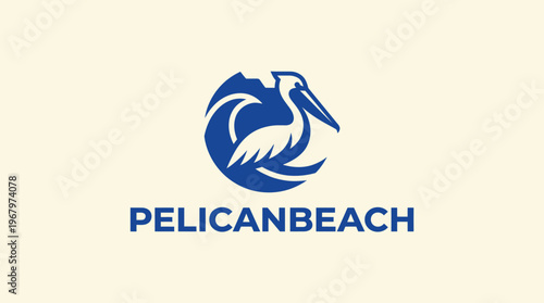 Pelican Beach Logo - A striking blue emblem of coastal serenity and avian grace.